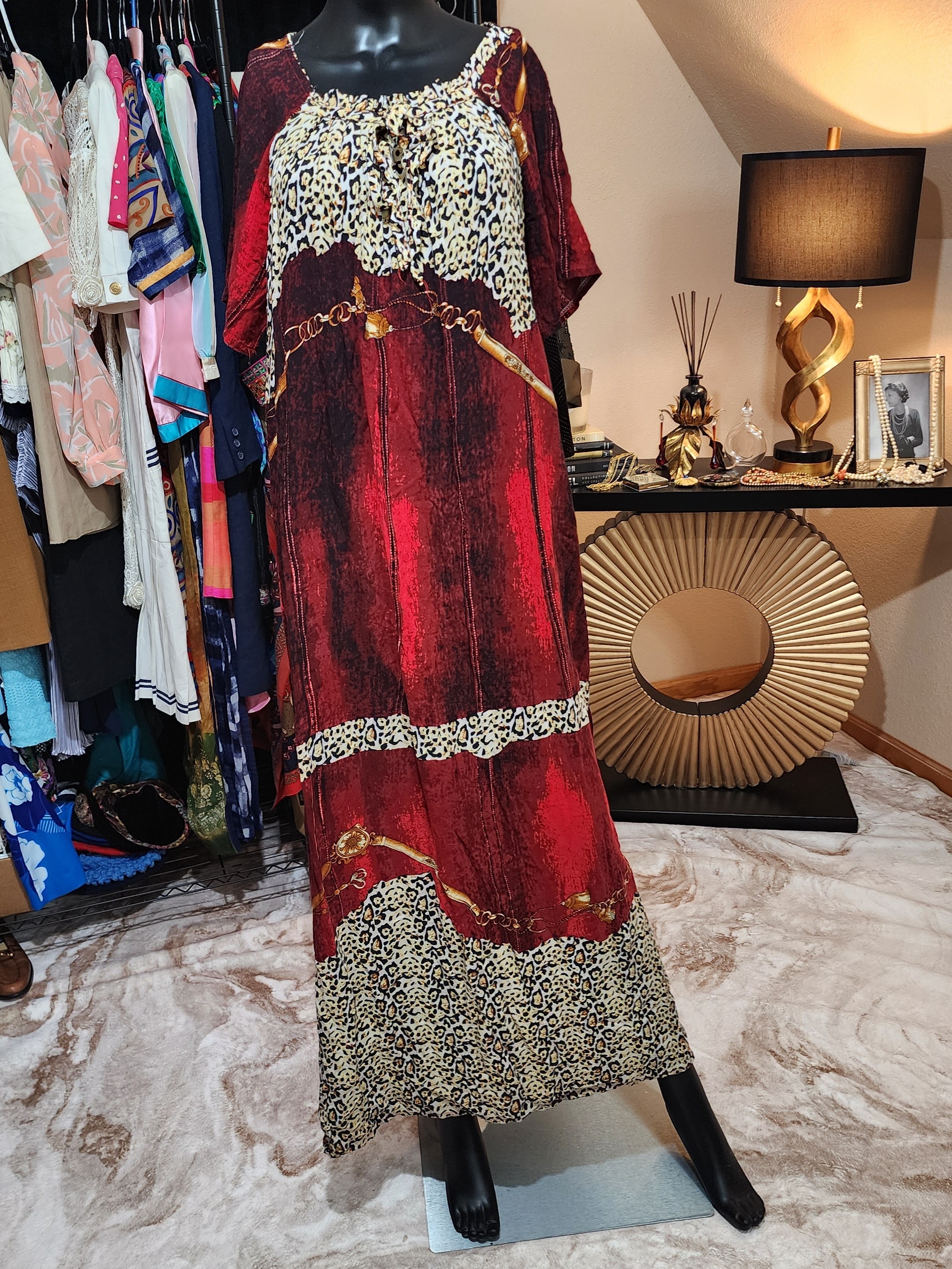Vintage 80s Red Midi Dress With Leopard & Chain Print
